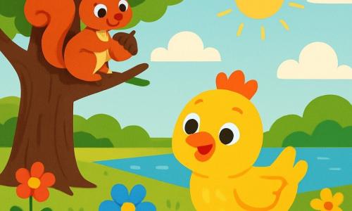 Una piccola gallina di nome Pina, con piume dorate brillanti e occhi scintillanti di curiosità, salta allegramente su un tappeto di erba verde, con un ampio sorriso sul volto. Vicino a lei, uno scoiattolo di nome Tito, con una coda folta e occhi maliziosi, è appollaiato su un ramo di un grande albero, tenendo una noce tra le zampe. Lo scenario è un campo soleggiato, punteggiato di fiori colorati, con un grande albero maestoso sullo sfondo e un lago scintillante sotto il sole. Pina cerca con entusiasmo un magnifico fiore blu, circondata dai suoi amici, pronta per vivere una grande avventura.