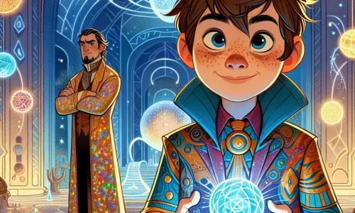 A 12-year-old boy named Jakob stands in the center of the image, his eyes shining with curiosity and excitement. He has messy brown hair, a round face with freckles, and wears a brightly colored futuristic suit adorned with magical symbols. He is manipulating a shimmering artifact, a crystalline sphere pulsing with light, with a determined expression on his face. Next to him is Soren, a man in his thirties dressed in an iridescent robe that captures the ambient light, watching Jakob closely. His face is serene, and he smiles proudly with his arms crossed, ready to encourage his young protégé. The setting is the Celestial Forge, a vast hall with shimmering walls, where futuristic machines and magical artifacts float in the air. Luminous patterns dance on the walls, and a large sphere of swirling energy creates a mystical yet technological atmosphere. The main scene shows Jakob focused on stabilizing the anomaly, with bursts of light and sparks of energy around him, symbolizing the fusion of science and magic, while Soren encourages him to tap into his creative power to save their world.