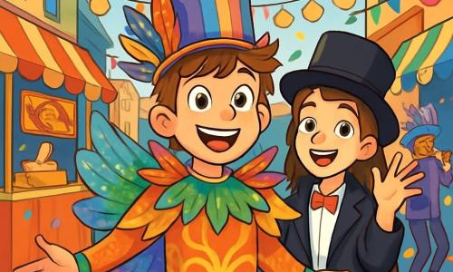 A 12-year-old boy, Finn, stands center stage with a beaming smile on his face. He wears a flamboyant carnival creature costume, featuring shiny cellophane wings and a colorful feathered hat. His messy brown hair and excited eyes add to his joyful appearance. Next to him is his best friend, Zara, also 12, dressed in a magician's coat and a slightly tilted black hat. She raises a hand for a theatrical gesture, her face glowing with happiness. The setting is a lively Maple Street, adorned with colorful garlands and twinkling lanterns. Brightly colored food stalls line the road, and confetti floats in the air, creating a festive atmosphere. The main scene shows Finn and Zara at the heart of a carnival, surrounded by vibrant costumes and cheerful musicians, ready to join the parade, with laughter and music filling the air as characters dance and enjoy themselves around them.