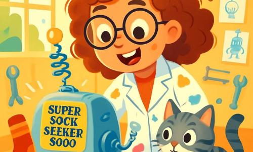 A woman inventor named Lily is at the center of the image, with curly hair and round glasses. She wears a bright lab coat covered in paint stains and has a big excited smile. She is leaning over her creation, the Super Sock Seeker 3000, a shiny device with blinking lights and a spiral antenna. Next to her, her cat Whiskers, a small striped gray and white feline, curiously watches the machine with wide eyes. He is sitting on the floor, ready to pounce on the device. The scene takes place in a bright and colorful workshop filled with tools, machine parts, and drawings on the walls. Sun rays filter through a window, illuminating the creative mess. Lily tests her invention, which buzzes and spins around her, searching for lost socks. The atmosphere is joyful and energetic, with splashes of bright colors and playful elements capturing the spirit of invention.