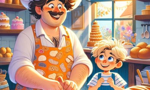A man, Mr. Baker, is at the center of the image, smiling with a large white hat and a colorful apron featuring bread and cake patterns. He has messy brown hair and rosy cheeks, showing his joy as he kneads bread dough in a large wooden bowl. Next to him, a small boy named Tim, about 7 years old, looks on in wonder. He has tousled blonde hair, bright eyes, and wears a small blue apron. Tim holds a wooden spoon, ready to help Mr. Baker. The scene takes place in a warm and welcoming bakery, with shelves filled with golden breads, colorful cakes, and star-shaped cookies. Sunlight filters through the window, illuminating the flour dancing in the air. The main situation shows Mr. Baker and Tim mixing ingredients to make bread, surrounded by a joyful and magical atmosphere filled with the delicious smell of baking.