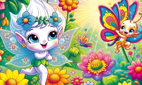 Lumi, un pequeño duende de flores con una piel brillante como el rocío de la mañana y ojos chispeantes de alegría, baila alegremente en medio de un jardín colorido, rodeada de flores deslumbrantes de todos los colores. A su lado, Lila, una mariposa de alas azules brillantes, vuela graciosamente a su alrededor, mostrando una sonrisa radiante, mientras se prepara para posarse en una flor. Donito, un escarabajo de colores vivos, observa con entusiasmo, sus patitas moviéndose, listo para unirse a la danza. El jardín es un lugar mágico, lleno de flores brillantes, mariposas revoloteando y rayos de sol filtrándose a través de las hojas de los árboles, creando una atmósfera alegre y luminosa. La escena principal muestra a Lumi y sus amigos celebrando la llegada de la primavera, bailando y riendo juntos, rodeados de la belleza de la naturaleza que despierta.