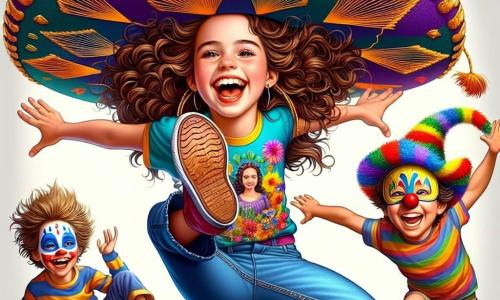 En el centro de la imagen, Clara, una niña de 10 años, salta alegremente con una gran sonrisa. Tiene el cabello castaño rizado, una camiseta colorida y un enorme sombrero de vaquero decorado con plumas multicolores que le cubre los ojos. Sus pies llevan un zapato rojo y otro azul, y parece llena de energía y determinación. A su derecha, un niño de 9 años, Lucas, con cabello rubio desordenado y una camiseta a rayas, ríe mientras intenta levantarse después de caer. Lleva un sombrero de payaso que se desliza sobre su frente, añadiendo humor a la escena. A la izquierda, una niña de 10 años, Sofía, con trenzas negras y una brillante sonrisa, aplaude a Clara mientras sostiene una pequeña bandera colorida, animando a su amiga. El fondo es una plaza de pueblo animada, llena de coloridos puestos de mercado, globos flotantes y espectadores riendo y aplaudiendo. La situación principal muestra a Clara y sus amigos participando en la Gran Carrera de Pies Revueltos, donde intentan correr con zapatos de diferentes tamaños mientras llevan sombreros ridículos. La imagen captura la energía y la alegría del momento, ilustrando el divertido desafío y el espíritu de equipo entre los niños.