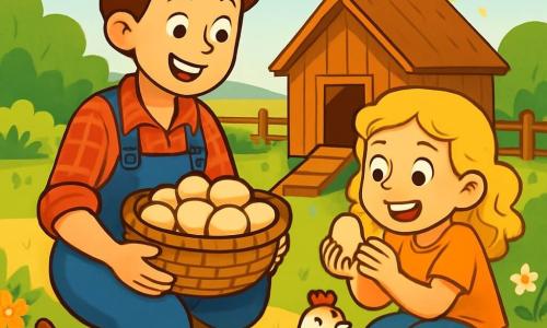 A smiling and lively farmer woman, Farmer Lily, with brown hair tied in a bun, wears a red plaid shirt and denim pants. She is crouched in a green field, holding a basket filled with fresh eggs, her face glowing with pride and joy. Next to her is an 8-year-old girl, Emma, with curly blonde hair and sparkling eyes, watching in wonder at the eggs she has just collected, a big smile on her face. The setting is a charming farm field, with chickens pecking at the ground, a rustic wooden chicken coop in the background, and colorful flowers lining the path. The golden morning light illuminates the scene, creating a warm and welcoming atmosphere. The main situation shows Farmer Lily and Emma collecting eggs in the chicken coop, sharing a moment of connection and discovery, surrounded by the beauty of nature and the cheerful sounds of the farm.