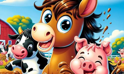 Um cavalo chamado Léo, com pelagem marrom brilhante e crina ondulada, está no centro da cena, rindo enquanto desliza na lama. Seus olhos brilham de alegria. Ao lado dele, a vaca Malu, com manchas brancas e pretas, observa Léo rindo, uma gota de leite escorrendo de seu focinho. Um pouco mais adiante, o porquinho Tico, rosa e gordinho, se diverte pulando na lama, espirrando lama ao seu redor com um grande sorriso no rosto. O cenário é uma fazenda colorida, com um celeiro vermelho ao fundo, flores vibrantes e árvores verdes sob um céu azul ensolarado. A cena mostra Léo e seus amigos em uma festa, rindo e dançando na lama, criando uma atmosfera alegre e divertida.