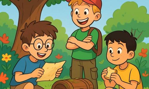 Há 3 personagens: Pedro, um menino de 9 anos com cabelos castanhos bagunçados e óculos redondos, agachado segurando um pedaço de papel velho com olhar maravilhado; Lucas, um menino de 10 anos com cabelos loiros e boné vermelho, de pé com os braços cruzados e um grande sorriso, pronto para a aventura, vestindo uma camiseta verde e calças cargo; e Rafael, um menino de 9 anos com cabelos negros e sardas no rosto, sentado na grama comendo um sanduíche enquanto observa curiosamente um velho baú, usando uma camiseta amarela e um short azul. A cena se passa em um jardim ensolarado, cheio de flores coloridas e árvores verdes, com uma antiga mangueira majestosa no centro, escondendo um pequeno pedaço de terra onde está um baú de madeira coberto de musgo e terra. Os três amigos descobrem o baú misterioso, com os rostos iluminados pela excitação; Pedro segura o papel velho, Lucas aponta para o baú e Rafael, com um sanduíche na mão, olha ao redor, pronto para a aventura que os aguarda.