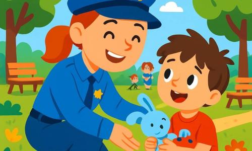 Una poliziotta sorridente, di sesso femminile, con un'uniforme blu brillante e un cappello decorato con una stella dorata, è accovacciata in un parco verdeggiante. Il suo viso irradia benevolenza ed empatia mentre aiuta un giovane ragazzo di circa 6 anni, con capelli castani disordinati e una maglietta rossa con un piccolo disegno di auto. Il ragazzo è seduto sull'erba, con gli occhi brillanti di speranza, tenendo un piccolo peluche a forma di coniglio tra le braccia. Il parco è pieno di alberi frondosi, fiori colorati e un sentiero di ghiaia che si snoda tra le panchine. Alcuni bambini giocano in lontananza, ridendo e divertendosi sotto un cielo azzurro punteggiato di nuvole bianche. La poliziotta e il ragazzo stanno celebrando il ritrovamento del peluche perduto, con sorrisi luminosi sui loro volti, circondati da un'atmosfera gioiosa e calorosa.
