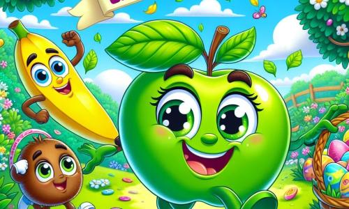In het midden van de afbeelding springt Appie, een kleine ronde groene appel met een grote glimlach, van blijdschap, met sprankelende ogen van opwinding. Zijn glanzende bladeren dansen in de wind en hij houdt een mand vol kleurrijke chocolade vast. Rechts van hem zoekt Bobbie, een glimlachende gele banaan, naar een ei dat verstopt is onder een struik, met een nieuwsgierige uitdrukking op zijn gezicht. Links kijkt Kiki, een bruine en zachte kiwi, speels om zich heen, klaar om een verstopt ei te ontdekken. De achtergrond is een mooie voorjaars tuin, vol kleurrijke bloemen, groene bomen en een stralende blauwe lucht. Multicolore paaseieren liggen verspreid in het gras en een grote banner "Welkom bij de Grote Paaseierenjacht!" wappert erboven. De scène is vol leven en geluk, en vangt de opwinding van de eierenjacht.