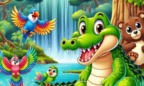 Un crocodil pe nume Croco, cu o piele verde strălucitoare și ochi mari și rotunzi, își exprimă o curiozitate veselă în timp ce stă pe marginea unei ape strălucitoare. Are un zâmbet larg care îi arată dinții albi și strălucitori, iar coada îi este ușor curbată în spate, pregătită să sară în apă. Lângă el, Rina, o papagal colorat cu pene vii ca un curcubeu, zboară în cercuri, cu aripile desfăcute, făcând zgomote de entuziasm. Mai departe, Bubu, un urs brun cu blană moale și zburlită, se odihnește la umbra unui copac mare, observând scena cu un aer prietenos și un zâmbet ușor. Decorul este o pădure luxuriantă, cu copaci majestuoși și frunze verzi strălucitoare, în timp ce o cascadă strălucitoare se varsă într-un lac azuriu, creând stropi strălucitori sub soare. Situația principală arată cum Croco și prietenii săi descoperă drumul spre cascadă, atrași de un cânt melodios care răsună prin pădure, pregătiți să trăiască o nouă aventură împreună.