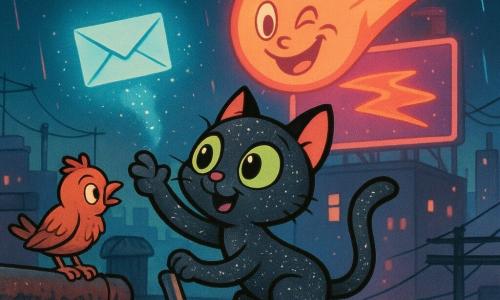 Hauptfigur: eine kleine Straßenkatze mit dunkelgrauem Fell und silbrigem Mondstaub-Glitzern, großen grünen Augen, neugierig und aufgeregt, die auf einer Metallfeuerleiter emporsteigt und mit einer Pfote nach einem schwebenden, leuchtend blauen Buchstaben greift, der eine funkelnde blaue Spur hinterlässt; Nebenfigur: eine riesige neonwerbung in Form eines lächelnden, zwinkernden Kometen in Rosa und Orange im Hintergrund; optional: ein kleiner rostbrauner Taube mit struppigen Federn auf der Dachrinne, besorgt aber fasziniert; Schauplatz: nächtliches Stadt-Dach mit Blechdächern, rostigen Rohren, Metallpfosten, Kabeln und leuchtenden Werbetafeln, feine neonlichte wie Regentropfen fallend, kontrastreiche Beleuchtung aus kalten blauen und warmen rosa Neons, dynamische Komposition mit der Katze im Vordergrund und der hellen Stadt im Hintergrund.