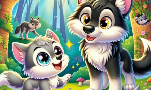 Ilustración que representa a un pequeño lobo con ojos brillantes y pelaje suave y gris, mostrando gran curiosidad y un toque de valentía. Está de pie sobre sus patas traseras, con una sonrisa alegre, listo para enfrentarse a un gran lobo. Al lado, un gran lobo con pelaje negro y ojos dorados, con una expresión de sorpresa y una leve sonrisa, se inclina hacia el pequeño lobo, mostrando una actitud amistosa. Al fondo, un bosque mágico con árboles majestuosos de hojas verdes brillantes, rayos de sol filtrándose entre las ramas, iluminando el suelo cubierto de flores coloridas y hongos. La situación principal muestra al pequeño lobo animando al gran lobo a jugar, simbolizando la amistad naciente entre ellos. Elementos gráficos adicionales incluyen animales curiosos como conejos y pájaros que observan la escena desde los arbustos, añadiendo un toque de vida y magia a la ilustración.