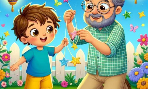 Un niño de 4 años, llamado Pedro, con cabello castaño desordenado y ojos llenos de curiosidad, sonríe alegremente mientras cuelga estrellas de papel de colores en una guirnalda luminosa. Lleva una camiseta azul brillante y un pantalón corto amarillo, y sus pequeñas manos están llenas de pegamento y purpurina. A su lado, el señor Hamza, un hombre de unos 50 años con barba gris y gafas redondas, lo ayuda sosteniendo una estrella de papel. Lleva una camisa a cuadros y pantalones beiges, y sonríe cálidamente a Pedro, mostrando su aprobación. La escena se desarrolla en un jardín luminoso, lleno de flores coloridas y farolillos colgantes, bajo un cielo azul claro. El suelo está cubierto de hierba verde y suave, y mariposas vuelan a su alrededor. La situación principal muestra a Pedro y al señor Hamza decorando el jardín para el Ramadán, rodeados de risas y alegría, creando una atmósfera festiva y cálida.