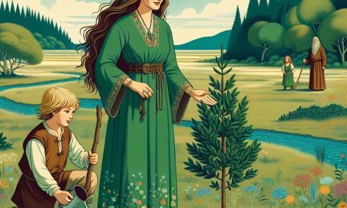 Aelia, een vrouw van rond de dertig, staat in het midden van het toneel, haar lange bruine haar waait zachtjes in de wind. Ze draagt een groene linnen jurk met bloemmotieven, en haar ogen stralen een zachte maar vaste vastberadenheid uit. Ze is gehurkt, met haar handen op een jonge eik die ze net heeft geplant, haar gezicht straalt hoop en sereniteit uit. Naast haar staat een jongen van ongeveer tien jaar met een rommelig blond haar en een ondeugende glimlach. Hij houdt een waterfles vast die hij voorzichtig rond de boom giet, zijn ogen sprankelend van opwinding. Iets verderop observeert een oude man, een druïde met een lange witte baard en een bruine stoffen robe, de scène met een wijze en welwillende blik, terwijl hij een houten staf vasthoudt. De achtergrond is een uitgestrekt groen veld, bezaaid met kleurrijke wilde bloemen, met een heldere blauwe lucht en zachte, donzige wolken. In de verte is er een dicht bos te zien, waar een majestueuze wilg met hangende takken staat, wat een vleugje magie aan de omgeving toevoegt. De hoofdscène toont Aelia en de andere personages verenigd in een moment van vrede, terwijl ze een jonge boom planten als symbool van hoop en vernieuwing, terwijl het gouden licht van de ondergang de scène omhult met een warme en troostende sfeer.