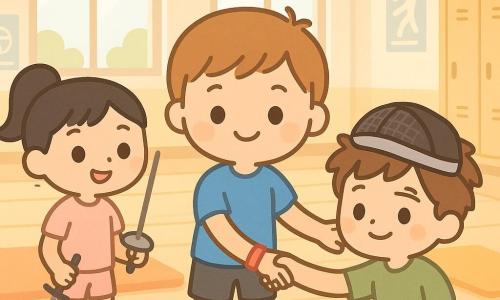 Ci sono tre bambini di 8 anni: Tommaso, capelli castano chiaro corti, occhi sorridenti, maglietta blu, sta al centro leggermente inclinato in avanti tendendo la mano; Martina, capelli neri raccolti in coda, volto espressivo, tenuta sportiva rosa e spada di plastica, è a sinistra di Tommaso che la guarda sorridendo; Luca, capelli castani scompigliati, espressione timida ma rassicurata, maglietta verde e maschera da sport sulla fronte, è seduto o accovacciato a destra di Tommaso mentre accetta la mano tesa. Ambientazione: palestra scolastica luminosa e spaziosa con parquet chiaro, grandi finestre, tappetini colorati, alcuni armadietti e poster di regole sportive, segni a cerchi sul pavimento. Situazione: Tommaso, da capitano, aiuta e incoraggia Luca dopo un esercizio di scherma; la scena mostra un gesto di amicizia, sorrisi e materiale di allenamento visibile, atmosfera calorosa e gioiosa.