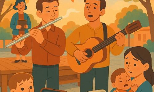 Un hombre adulto, Martín, toca la flauta en el borde de un pequeño escenario de madera, rostro sereno y sonrisa, ojos entrecerrados, postura erguida, manos finas sosteniendo la flauta plateada; a su lado Darío canta con una guitarra marrón colgada, expresión suave y mirada al público; en el fondo a la izquierda la señora Elvira, vestida sencillamente y con un cuaderno en la mano, vigila con una sonrisa; en primer plano a la derecha un niño de unos 6 años sostiene un estuche de violín abierto y sujeta delicadamente un arco de madera; en el centro del público una mujer joven está sentada con un bebé que llora, rostro preocupado pero calmado, mano presionando la cabeza del bebé contra su hombro; lugar: patio de escuela a la hora dorada, suelo empedrado, filas de sillas blancas, guirnaldas y banderines de colores, árboles con sombras bajas y cielo pastel naranja-azul; situación: pequeño festival tranquilo donde la música funciona como nana, los músicos tocan suavemente, el público escucha en silencio, atmósfera apacible con luz cálida que envuelve la escena, detalles nítidos y colores saturados.