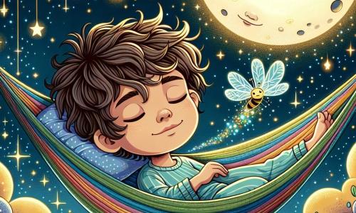 Un niño de 8 años, con cabello castaño y rizado, está tumbado en una hamaca suspendida entre dos rayos de luna plateados. Su rostro expresa una profunda serenidad, con una ligera sonrisa y los ojos cerrados, mientras respira tranquilamente, rodeado de una suave luz dorada. A su lado, una pequeña luciérnaga centelleante, con alas translúcidas, danza alegremente en el aire, emitiendo destellos de luz que iluminan la escena. El decorado es un cielo nocturno estrellado, salpicado de nubes de algodón y planetas coloridos, creando una atmósfera mágica y relajante. La situación principal muestra al niño relajándose en su hamaca, mecido por la brisa suave, mientras granos de polvo de estrellas caen lentamente a su alrededor, simbolizando la paz y el bienestar.
