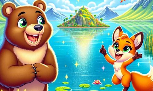 Bruno, un grande orso bruno dagli occhi curiosi, si trova sulla riva del magnifico Lago Titicaca, con un sorriso radioso sul volto. Ammira le acque blu scintillanti che riflettono il cielo soleggiato. Accanto a lui, Lila, una piccola volpe rossa con orecchie appuntite e pelliccia lucente, salta di gioia, i suoi occhi brillano di eccitazione. Punta un dito verso un'isola di canne in lontananza, piena di fiori colorati. Il lago è circondato da maestose montagne verdi, e uccelli colorati volano nel cielo, aggiungendo un tocco di magia alla scena. Gigli d'acqua galleggiano dolcemente sulla superficie, mentre pesci dalle squame scintillanti nuotano gioiosamente sotto. Bruno e Lila celebrano la scoperta di questo luogo magico, pronti a vivere nuove avventure insieme, circondati dalla bellezza naturale del lago e dall'amicizia che li unisce.