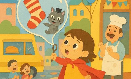 A joyful, determined little heroine with short chestnut hair, freckles, big round eyes, a shiny red cape and yellow boots blows a huge transparent bubble that lifts a striped sock with eyes and tiny legs and a surprised, amused gray tabby cat emerging from a small black hat as she holds it gently; a flour-dusted baker in his 40s with a round mustache and stained white apron stands by his bakery window holding a small tart and applauding, a yellow bus with a waving driver is parked to the right while children and adults cheer, colorful cobbled sunny street, pastel low buildings, balloons and garlands, overall a bright, comic moment of exaggerated expressions and joyful movement.