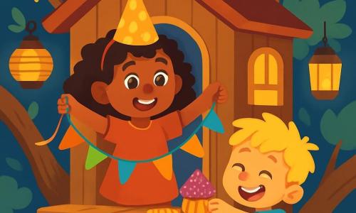 A 6-year-old girl named Mila, with curly hair and a big joyful smile, stands in her beautiful treehouse. She wears a shiny party hat and holds colorful streamers, her eyes sparkling with excitement. Next to her, her 4-year-old brother Max, with messy blonde hair and a cheeky face, is trying to steal a glittery cupcake, laughing heartily. The treehouse is perched in a giant tree, surrounded by leafy branches and lit by twinkling lanterns. Stars shine in the night sky, adding a magical touch to the scene. Mila is preparing for a New Year's party, decorating the treehouse with colorful streamers while trying to keep her brother busy so he doesn't eat all the cakes.