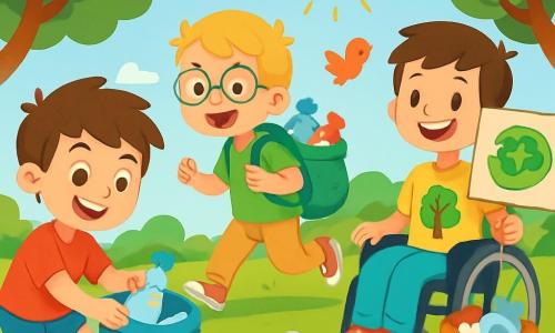 Há 3 personagens: - Pedro: um garoto de 8 anos, com cabelos castanhos bagunçados e um sorriso radiante. Ele usa uma camiseta vermelha e um short azul. Ele está pegando uma garrafa de plástico do chão. - Tiago: um garoto de 7 anos, com cabelos loiros e óculos. Ele está vestido com uma camiseta verde e uma calça bege. Ele corre alegremente com uma mochila cheia de resíduos recicláveis. - Lucas: um garoto de 9 anos, que usa uma cadeira de rodas. Ele tem cabelos castanhos e usa uma camiseta amarela com um desenho de árvore. Ele sorri e segura um painel com uma mensagem sobre a proteção do meio ambiente. O local é um parque verde, cheio de árvores majestosas e flores coloridas. O sol brilha em um céu azul claro, e os pássaros cantam alegremente. O chão está coberto de lixo, mas as crianças trabalham juntas para limpar o lugar. A cena principal mostra os três amigos em ação, recolhendo lixo e separando recicláveis. Eles estão cercados por sacos de lixo coloridos, e a atmosfera é alegre e dinâmica, ilustrando a importância de cuidar do planeta.