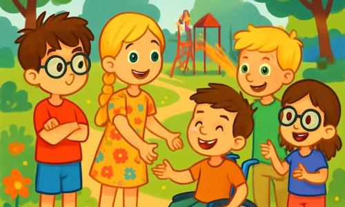 Er zijn 4 kinderen: Sam: een 8-jarig jongen met rommelig bruin haar en een ronde bril. Hij draagt een rode t-shirt en een blauwe short. Hij staat links met zijn armen gekruist en een nieuwsgierige uitdrukking. Noor: een 7-jarig meisje met lange gevlochten blonde haren en een bloemenjurk. Ze staat in het midden, glimlachend, en steekt haar hand uit naar Milan. Finn: een 8-jarig jongen met blond haar en sproeten. Hij draagt een groene t-shirt en beige broek. Hij staat rechts en maakt een vriendelijke gebaar naar Milan. Lotte: een 7-jarig meisje met kastanjebruin haar en een bril. Ze draagt een paarse t-shirt en een roze short. Ze staat iets verder naar achteren en kijkt enthousiast naar Milan. De locatie is een mooi zonnig park met groene bomen, kleurrijke bloemen en een groot speelveld. Er is een grindpad dat door het park slingert en in de verte spelen kinderen. De belangrijkste situatie toont de vier vrienden die Milan, de nieuwe jongen in een rolstoel, verwelkomen. Milan glimlacht vrolijk terwijl Noor haar hand uitsteekt om hem uit te nodigen om te spelen. De andere kinderen kijken met opwinding en nieuwsgierigheid, klaar om te ontdekken hoe ze allemaal samen kunnen spelen.