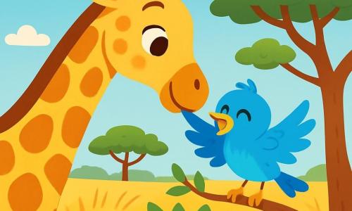 A giraffe named Gemma, with an elegant long neck and shiny golden spots, gently leans towards a small bird named Benny, who has bright blue feathers and a cheerful expression. Gemma shows a gentle and kind demeanor, her large round eyes reflecting kindness. Benny, perched on a low branch of a tree, flaps his wings excitedly, ready to take flight. The scene takes place in a sunny savannah, dotted with tall golden grasses and lush green acacia leaves, under a light blue sky with fluffy white clouds. Gemma helps Benny free himself from a thorny bush by delicately nibbling the thorns to free his wing. The two friends are surrounded by a joyful and friendly atmosphere, illustrating the importance of helping each other and friendship.
