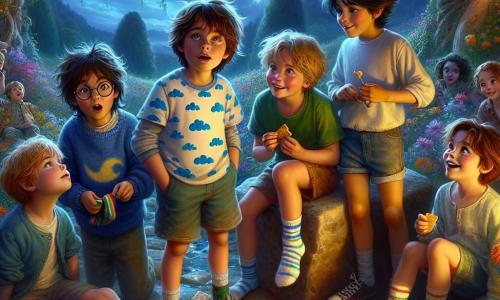In a magical garden illuminated by the soft light of the moon, five children stand together, their faces beaming with excitement. Dylan, a 10-year-old boy with messy brown hair, wears a blue t-shirt with cloud patterns and holds a colorful sock in his hand. Next to him, Max, a 9-year-old boy with round glasses and blonde hair, climbs on a stone with a mischievous smile. Leo, a 10-year-old boy with black hair and fair skin, studies a map he holds in front of him, looking focused. Sam, a 9-year-old boy with brown hair and a green t-shirt, nibbles on crackers while watching the others. Finally, Jamie, a 10-year-old girl with curly hair and a colorful dress, animatedly tells a story, captivating her friends' attention. 

The garden is enchanting, filled with bright flowers, large gnarled trees, and a small fountain shimmering in the moonlight. Colorful birds flutter around, adding a touch of magic to the nighttime atmosphere. 

The children are on a quest to find Dylan's lost sock, which rests peacefully in the midst of a large flower, surrounded by glowing petals. They gather around the flower, their eyes shining with wonder, ready to uncover the secret of this nighttime adventure.