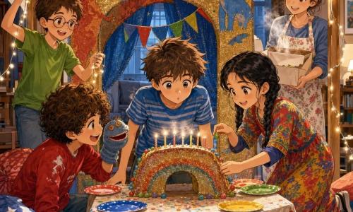 Five characters: Eli (10) with messy brown hair and wide dreamy eyes in a blue striped T‑shirt stands center in front of a glittered cardboard arch blowing out a candle on a cake on a small coffee table; Sam (10) with short chestnut hair, round glasses and a green shirt to Eli’s left hangs silver string lights on the doorframe; Noor (10) with black braided hair and a patterned colorful dress to Eli’s right holds multicolored paper flags and decorates the cake delicately; Mateo (10) with curly hair and a red sweatshirt stained with frosting crouches by the table, manipulating a sock puppet with button eyes and laughing at Eli; their mother stands slightly back to the right with light brown hair in a bun, wearing a floral apron and holding an open cake box that releases a sweet steam, smiling proudly. The living room is transformed into a small stage: a folded sofa as backstage, a glittered arch painted with dinosaurs, white sheets and tablecloths hung like a sky, warm LED garlands, colorful cushions piled on the floor, a low table with paper plates and confetti. The scene captures the party moment of Eli blowing out the candles, warm garland light, suspended confetti, joyful, intimate atmosphere with vivid colors and visible textures (shiny frosting, glittered cardboard, crumpled fabric).