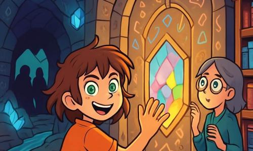 Elara, a young girl with messy brown hair and sparkling emerald eyes, stands in front of a massive ancient door, her hands on the glowing crystal that pulses with bright colors. She shows joyful determination, ready to uncover the secrets behind the door. Next to her, Mira, a woman in her thirties with round glasses and gray hair, carefully observes the runes on the door, her face marked by curiosity and wonder. The setting is a vast underground chamber, illuminated by sparkling crystals hanging from stone walls adorned with mysterious glyphs. Ancient wooden shelves overflowing with brightly covered books stretch to the ceiling, while a clear stream flows through the floor, adding a touch of magic to the atmosphere. The main scene shows Elara and Mira preparing to decipher the secrets of the mysterious door as threatening shadows loom at the entrance of the chamber, signaling the imminent arrival of the Viperium.