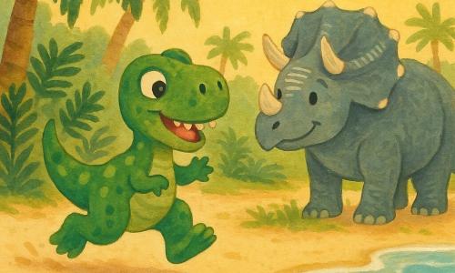 Een jonge T-Rex genaamd Timo, blij en verwonderd met grote ronde ogen, groene vlekkenhuid en niet-bedreigende afgeronde tanden, springend over het crèmezand met opgetilde voorpoten en zwiepende staart, naast hem een oude Triceratops Gaya, wijs en vriendelijk met korte hoorns, kleine witte streepjes op het voorhoofd en grijs-blauwe huid, rustig staand bij de rand tussen gras en een dicht bosje varens en lage palmen met donkere bladeren en mosachtige stammen, voor hen een zacht strand met doorschijnende golven en zilveren glans onder een warm gouden zonlicht, scène vol verwondering en geborgenheid in pastelkleuren met zichtbare gouachetexturen en eenvoudige afgeronde lijnen, kindvriendelijk.