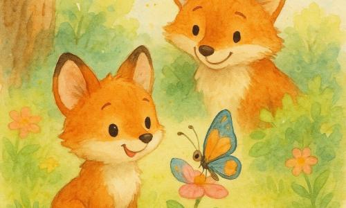 Pequeño zorro rojizo de pelaje suave, orejas grandes y ojos brillantes sentado en la hierba mirando maravillado una mariposa azul y naranja posada en una flor rosa, mientras su madre de pelaje más oscuro lo observa sonriendo desde un arbusto, y una diminuta hormiga negra camina sobre una piedra gris en primer plano; todo en un jardín primaveral con flores rosas y amarillas, un árbol a la izquierda y cielo azul con nubes, capturando un momento tranquilo de descubrimiento.