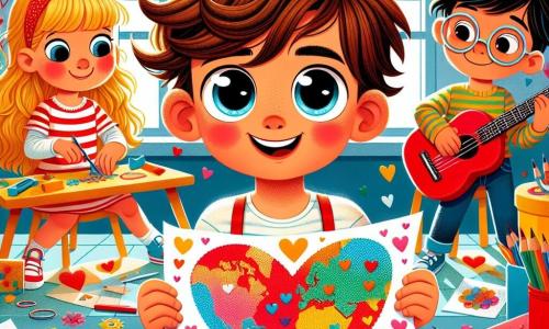 Un niño de 4 años llamado Nico, con cabello castaño desordenado y ojos brillantes de alegría, está en el centro de la escena, sonriendo mientras sostiene una gran tarjeta colorida decorada con corazones y dibujos. A su derecha, Ana, una niña de 4 años con trenzas rubias, recorta papeles de colores para crear una tarjeta, concentrada y entusiasta. A su izquierda, Pedro, un niño de 4 años con gafas y cabello negro, ensambla flores de papel, sosteniéndolas con orgullo en sus pequeñas manos. Más lejos, Luis, un niño de 4 años con cabello rojo, toca una guitarra de plástico, sonriendo ampliamente, listo para cantar. La escena tiene lugar en un aula luminosa, llena de decoraciones coloridas: globos flotan en el techo, guirnaldas de papel cuelgan de las paredes y una gran mesa está cubierta de materiales de arte. La situación principal muestra a Nico y sus amigos preparando una sorpresa alegre para el Día de la Madre, creando una atmósfera festiva y cálida.