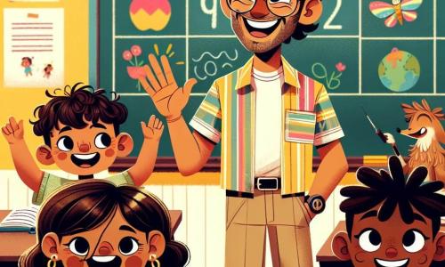 O personagem principal é um homem, o professor Miguel, na casa dos trinta anos, com cabelos castanhos e óculos redondos. Ele usa uma camisa colorida e calças bege, e seu rosto irradia alegria e entusiasmo enquanto sorri para seus alunos. Ele está de pé em frente a um quadro negro, segurando um livro aberto em uma mão, pronto para compartilhar histórias. Sofia, uma menina de 8 anos com cabelos longos e cacheados, está sentada na primeira fila, levantando a mão com empolgação para fazer uma pergunta. Ela usa um vestido florido e tem um grande sorriso no rosto. Lucas, um menino de 9 anos com cabelos curtos e bagunçados, está de pé ao lado de Sofia, rindo e fazendo gestos cômicos, vestido com uma camiseta listrada e um short. A cena se passa em uma sala de aula iluminada, com paredes pintadas de amarelo e cartazes coloridos pendurados, representando animais e números. Mesas de madeira estão dispostas em fileiras, e livros estão espalhados sobre as mesas. A situação principal mostra o professor Miguel incentivando seus alunos a compartilhar ideias para um projeto de livro da classe, criando uma atmosfera de empolgação e criatividade, onde cada criança se sente livre para expressar seus pensamentos e sonhos.