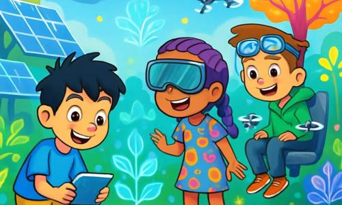 Hay 3 personajes: - Iker: un niño de 10 años, con cabello negro despeinado y ojos brillantes de curiosidad. Lleva una camiseta azul brillante y un short amarillo, y sostiene una pequeña tableta luminosa en sus manos. - Violeta: una niña de 10 años, con trenzas violetas y gafas de realidad aumentada en la nariz. Lleva un vestido de colores y zapatillas blancas. Mira con asombro un árbol mecánico que brilla a su lado. - Leo: un niño de 10 años, con cabello castaño y gafas de protección en la frente. Está sentado en su silla voladora, rodeado de pequeños drones que flotan a su alrededor. Lleva una sudadera verde y pantalones negros. Los tres amigos están en el centro de un parque futurista, lleno de paneles solares brillantes y plantas luminiscentes. Árboles mecánicos de colores vibrantes se levantan a su alrededor, y hologramas de flores bailan en el aire. El cielo es de un azul brillante, salpicado de vehículos flotantes que cruzan el horizonte. La escena principal muestra a los niños plantando una pequeña semilla luminosa en el suelo, rodeados de un jardín vibrante de colores y tecnologías. Sonríen, sus rostros iluminados por la emoción de su nueva aventura, mientras un holograma de un árbol mágico se eleva detrás de ellos, listo para revelar sus secretos.