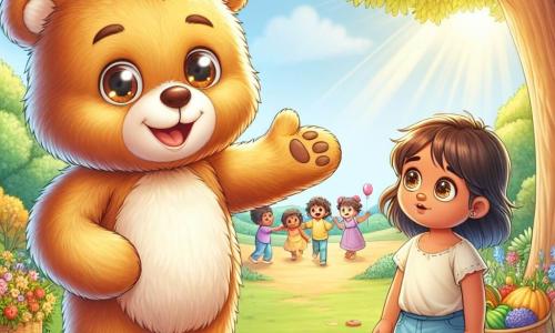 An illustration depicts a young teddy bear with soft golden fur, bright eyes, and a warm smile. It stands with open arms, expressing joy and enthusiasm, inviting a little girl to join. The girl, with messy brown hair, wears a simple worn dress and shows both shyness and hope as she gazes at the bear with sparkling eyes, standing slightly back, hesitant yet curious. The setting is a green park filled with colorful flowers and majestic trees, with a group of children playing in the distance, creating a joyful atmosphere. The main scene shows the bear encouraging the girl to play, symbolizing friendship and solidarity against loneliness and poverty. Additional elements include floating balloons, baskets of fruits and vegetables, and sunlight filtering through the trees, adding warmth and light to the scene.