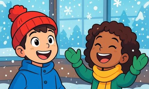 Un niño pequeño sonriente, vestido con un abrigo azul brillante y un gorro rojo con un pompón, se encuentra en el centro de la escena, maravillado por los copos de nieve que caen suavemente a su alrededor. Sus mejillas sonrosadas de alegría y sus ojos brillan de emoción. Junto a él, una niña de cabello rizado, con una bufanda amarilla y guantes verdes, ríe levantando los brazos para atrapar los copos, su rostro radiante de felicidad. Al fondo, una sala polivalente luminosa, con guirnaldas de colores colgadas del techo y ventanas empañadas, deja entrever un paisaje invernal mágico, donde la nieve cubre el suelo y los árboles. La escena principal muestra a los dos niños jugando juntos, rodeados de risas y alegría, mientras descubren la belleza del invierno a través de los copos de nieve que bailan en el aire.