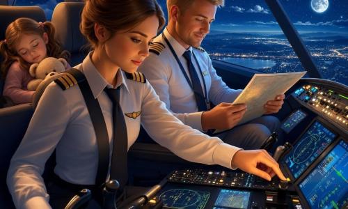 The protagonist is a female pilot with smooth brown hair in a bun, focused and serene with a determined look, gently touching a cockpit lever while checking instruments; an adult male co-pilot with short blond hair sits to her right, calm and smiling, holding a flight chart lit by the console; a sleeping girl of about six with pigtails and a beige comforter is visible behind the seats with a star-filled window at her level. The cockpit is detailed with multicolored indicator panels, blue and green touchscreens, chrome buttons and matte controls, soft glass reflections. Outside is a deep indigo night sky dotted with stars, a silver moon on the horizon, wispy silver clouds and a below cityscape of scattered lights. The mood is peaceful and professional with warm cabin light contrasting the cold blue night, conveying focus and safety. Graphic style: soft shapes, clean gradients, smooth textures; color palette: midnight blue, teal, silver, warm yellow for lights.
