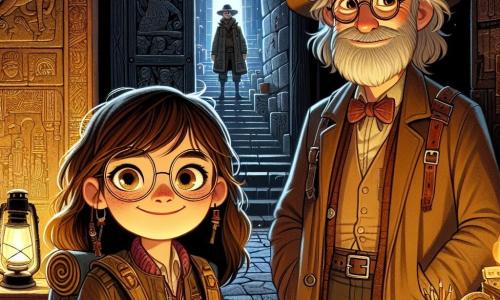 Op de voorgrond staat een jong meisje, Lara, ongeveer 10 jaar oud, met lange bruine haren en nieuwsgierige ogen, voor een oude houten deur versierd met mysterieuze patronen. Ze draagt een ontdekkersvest, een rugzak vol kaarten en potloden, en haar gezicht toont een opwinding vermengd met angst. Naast haar staat een oudere man, Rafael, ongeveer 60 jaar oud, met een grijze baard en ronde bril, die aandachtig naar de deur kijkt met een raadselachtige glimlach. Hij draagt een ontdekkershoed en een versleten leren jas, wat bijdraagt aan zijn uitstraling als wijze avonturier. De locatie is een grote ondergrondse kamer, verlicht door flikkerende lantaarns, met stenen muren bedekt met oude tekeningen en inscripties. Donkere tunnels strekken zich uit op de achtergrond, terwijl vergeten schatten, zoals kaarten en artefacten, om hen heen verspreid liggen. De belangrijkste situatie toont Lara en Rafael die zich voorbereiden om de mysterieuze deur te openen, wat het begin van hun avontuur symboliseert in het ontdekken van de verborgen geheimen van de stad.