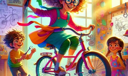 Een glimlachende vrouw, Mevrouw Inge, staat in het midden van de afbeelding, met krullend haar en ronde bril. Ze draagt een kleurrijke werkblouse en is bezig met het monteren van een vliegende fiets, haar gezicht straalt van opwinding en vastberadenheid. Naast haar houdt een 8-jarig jongetje, Tim, met rommelig bruin haar een schroevendraaier vast en kijkt verwonderd, terwijl zijn beste vriendin, Lisa, een 7-jarig meisje met vlechten, de fiets versiert met kleurrijke linten. De scène speelt zich af in een lichte werkplaats, vol met gereedschap, uitvindingstekeningen aan de muren en mechanische onderdelen verspreid over houten tafels. Zonnestralen filteren door de ramen en verlichten de ruimte met levendige kleuren. Mevrouw Inge, Tim en Lisa zijn in volle actie, omringd door een vrolijke en creatieve sfeer, terwijl de fiets langzaam de lucht in begint te stijgen, wat het geest van uitvinding en avontuur symboliseert.