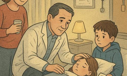 A middle-aged doctor with short dark graying hair and a slightly wrinkled white coat kneels beside a small hospital bed, gently reaching toward the feverish, drowsy three-year-old girl Nia, covered to her chin with a moons-and-stars blanket; her eight-year-old brother Milo in a blue hoodie sits at the bed’s edge holding a small drawing and watches anxiously while their relieved mother, hair tied, stands nearby with a cup of water; the small hospital room is softly lit by a bedside lamp with a pale curtain, a whiteboard with notes, a rolling tray holding a thermometer and stethoscope, and a badge on a hook, conveying a calm, caring nighttime atmosphere.