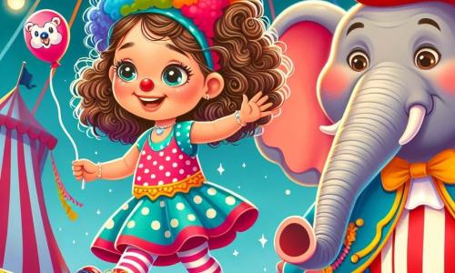 Una niña de 2 años, con grandes ojos brillantes y cabello rizado, lleva un vestido colorido con lunares y una gran sonrisa en su rostro, caminando con confianza sobre una cuerda floja, con los brazos extendidos para mantener el equilibrio. A su lado, un payaso alegre, de unos 30 años, con una gran peluca multicolor y una nariz roja, aplaude y anima a Ana con una sonrisa brillante, sosteniendo un globo en forma de animal en su mano. Un majestuoso elefante, con grandes orejas y piel gris, se encuentra en el fondo, levantando su trompa en el aire, como si saludara a Ana con amabilidad. El escenario es un circo vibrante, lleno de colores vivos: carpas a rayas rojas y blancas, luces centelleantes y un público maravillado que observa la escena con rostros alegres. La situación principal muestra a Ana, la niña, caminando con valentía sobre la cuerda, rodeada de risas y aplausos, mientras el payaso y el elefante la animan, creando una atmósfera mágica y festiva.