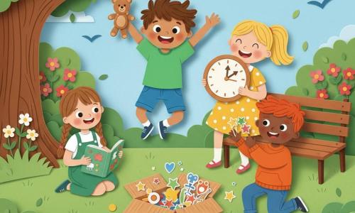 Een vrolijke, verwonderde jongen van ongeveer 8 jaar met warrig bruin haar, felgroen T‑shirt en blauwe short springt omhoog met een kleine knuffel; Sara, ongeveer 8 jaar, blond in staart, draagt een gele jurk met stippen en houdt een grote kartonnen klok vast terwijl ze lacht; Joris, ongeveer 8 jaar, rossig haar en een oranje sweater, knielt bij een bank en toont trots glinsterstickers; Lotte, ongeveer 8 jaar, kastanjebruin gevlochten haar, draagt een groene tuinbroek en zit op het gras met een open kleurboek; lentig park met groen papierachtig gras, roze en witte bloemen, een grote boom met uitgestanste bladeren, zachtblauwe lucht en een geel uitgesneden zonnetje, enkele gestileerde vogels; op de grond een open kartonnen doos met kleurrijke schatten (stickers, knikkers, kleurpotloden, knuffel) verspreid; hoofdtaferelen: een vrolijke schattenjacht onder de boom, kinderen die zich verzamelen en de vondst vieren in gelaagde papierknipstijl met felle kleuren en scherpe contouren.