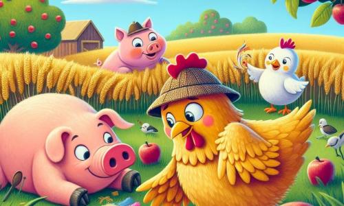 Matilde, una gallina dal piumaggio dorato e lucente, con un piccolo cappello da detective di tessuto, mostra un'espressione di curiosità ed eccitazione mentre esamina un mucchio di piume colorate al centro di un campo di grano verde. Nelle vicinanze, Ferdinando, un grosso maiale rosa con un sorriso malizioso, è sdraiato sull'erba, mentre sgranocchia delle mele, osservando Matilde con divertimento. Poco più in là, Anacleto, un'anatra bianca con un becco arancione brillante, nuota felicemente in un piccolo stagno, schizzando acqua verso Matilde. Il paesaggio è una campagna soleggiata, con alberi da frutto in fiore e un cielo blu punteggiato di nuvole bianche e soffici. La scena rappresenta Matilde in piena indagine, circondata dai suoi amici animali, mentre cerca di scoprire a chi appartengono le piume misteriose.