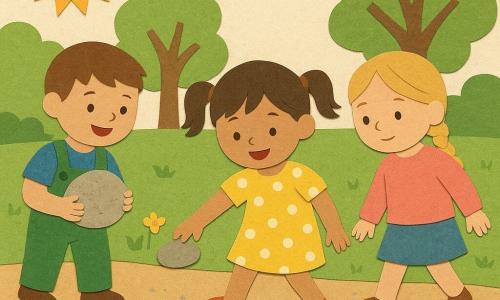 Hay tres niños: Lucía, niña de unos 3 años, pelo castaño en coletas, vestido amarillo con lunares blancos, sonriente, en el centro colocando una piedra en el agua; Mateo, niño de unos 3 años, pelo castaño corto, camiseta azul y peto verde, riendo a la izquierda con una piedra grande lista para poner; y Sofía, niña de unos 3 años, pelo rubio en trenza, jersey rosa y falda vaquera, contemplativa a la derecha mirando sus pies sobre una piedra ya puesta. Están cruzando un gran charco brillante con piedras planas dispuestas en fila, en un camino de parque con césped y flores amarillas y rojas, árboles de hojas recortadas, un banco de madera estilizado y un cielo azul pálido con sol naranja en collage; la escena es alegre y colaborativa, con gotas brillantes alrededor de las piedras, sombras suaves y texturas de papel rasgado visibles.