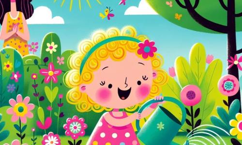 A 2-year-old girl with curly blonde hair and a bright smile is watering colorful flowers in a sunny garden. She wears a pink polka dot dress and yellow sandals, and her face shows great joy and wonder. Nearby, her mother, a woman around 30 with long brown hair, watches with a proud smile, holding a watering can. She stands next to a large tree with vibrant green leaves, adding freshness to the scene. The garden is filled with brightly colored flowers: pink, yellow, and purple, surrounded by lush greenery. The sky is blue with a few fluffy white clouds, and birds are joyfully singing in the branches. The little girl happily exclaims "Drink, drink!" as the flowers seem to lean towards her, as if thanking her.