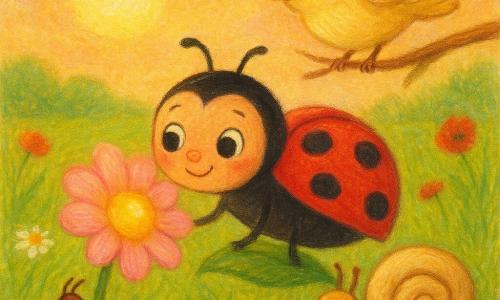 Una pequeña mariquita roja con puntos negros, ojos brillantes y sonrisa dulce sobre una hoja mirando una gran gota de rocío, rodeada por un caracol marrón de concha crema, un pajarito amarillo pálido en una ramita arriba y una diminuta hormiga marrón sosteniendo una brizna como puente; pradera verde con margaritas y amapolas, al centro una gran flor rosa pálido (Flor de la Aurora) con un corazón dorado que acoge una gota luminosa, escena de amistad y ayuda al atardecer con colores cálidos y textura de pasteles grasos.