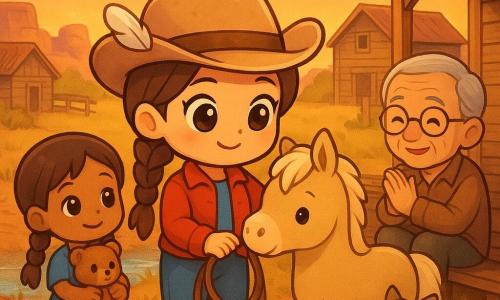 Uma jovem cowgirl sorridente e corajosa, olhos grandes, trança castanha, chapéu de couro bege com pena branca, jaqueta curta vermelha e botas empoeiradas, segurando um laço de couro e acariciando a cabeça de um pequeno cavalo loiro com postura protetora; atrás dela, uma menina de cerca de 8 anos de tranças castanhas, vestido azul simples e um ursinho, aliviada e abraçando o laço; na varanda, um senhor de cerca de 70 anos, cabelo grisalho, pele enrugada e óculos redondos, aplaudindo emocionado; perto das botas, um filhote de coiote peludo com a pata levemente enfaixada, curioso; ao fundo, vilarejo do Velho Oeste ao pôr do sol com casas de madeira, prados amarelos, rochas vermelhas e um riacho, céu alaranjado com nuvens rosas; situação de reencontro e cuidado após a devolução de um laço precioso, atmosfera calorosa e acolhedora, composição centrada e cores suaves com contrastes quentes.