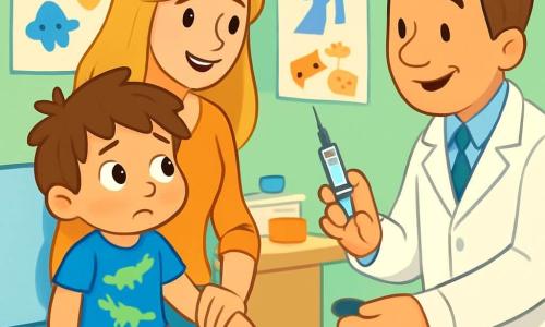 Un niño de 4 años, Lucas, con cabello castaño desordenado y grandes ojos curiosos, mira con una expresión nerviosa y valiente. Lleva una camiseta azul con dinosaurios y un pantalón corto rojo, sentado en una mesa de examen en un consultorio médico. A su lado, su madre, una mujer sonriente de unos treinta años con cabello largo y rubio, le sostiene la mano con una mirada reconfortante. Ella lleva una bata ligera y pantalones cómodos, cerca de él para tranquilizarlo. El lugar es una sala de examen luminosa, con paredes pintadas de verde pastel, carteles coloridos de frutas y animales, y juguetes de madera en una estantería. Al fondo, un estetoscopio y instrumentos médicos están ordenadamente dispuestos en una mesa. La situación principal muestra a Lucas sentado, listo para recibir una pequeña inyección, mientras el doctor, un hombre de mediana edad con bata blanca, se acerca con una sonrisa amigable, sosteniendo una jeringa. La atmósfera es cálida y reconfortante, ilustrando el momento en que Lucas supera su miedo con el apoyo de su madre.
