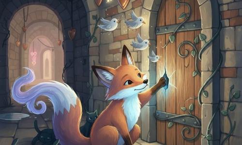 The main character is a small, gentle paper lantern fox with a warm blue glow in its chest, folded-paper ears and a frayed tail that releases lavender-scented wisps; calm and caring, it crouches by an old door, sealing a gap with its glowing paw. A secondary group of slate-gray kitten-like shadows cluster reassuredly around the fox, stretched along the stone floor, while a pale grey cloud of fragile 