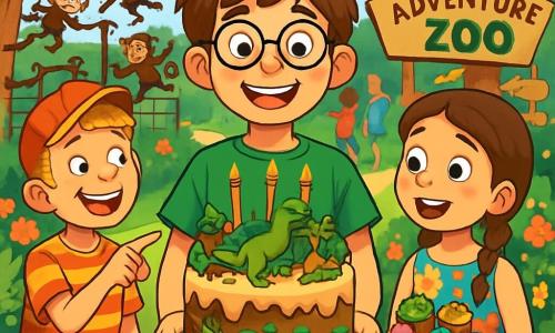 There are 3 characters: Toby, a 12-year-old boy with messy brown hair and round glasses, wearing a green t-shirt with a dinosaur pattern and blue shorts, standing in the center, smiling while holding a large birthday cake decorated like a jungle. Max, also 12, with blonde hair and freckles, wearing a red cap and a striped t-shirt, is to the left of Toby, laughing and pointing at a group of mischievous monkeys escaping from their enclosure. Emily, a 10-year-old girl with braided brown hair and a colorful floral dress, is to the right of Toby, holding a tray of cupcakes and watching the monkeys in wonder. The setting is Adventure Zoo, a vibrant and colorful place filled with lush greenery, bright flowers, and wooden signs indicating various attractions. In the background, there are enclosures with exotic animals, majestic trees, and joyful visitors. The main scene shows Toby, Max, and Emily celebrating a birthday party, surrounded by laughter and colors, while a group of monkeys joyfully escapes, creating an atmosphere of surprise and fun.